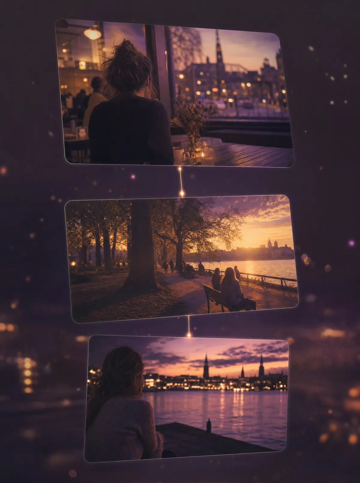 Journal-Zeitleiste mit Orten, Momenten und Begegnungen im Abendlicht
